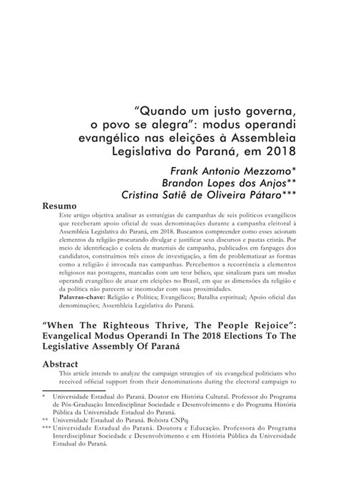 Quando O Justo Governa - (PDF) “Quando um justo governa, o povo se alegra”: modus operandi ...