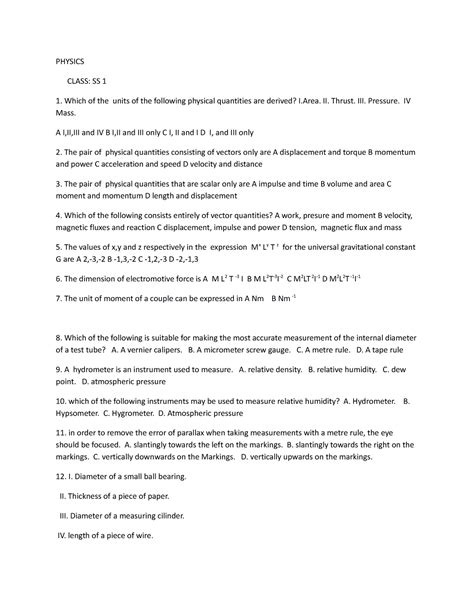 Physucs Ss1 Physics Questions Physics Class Ss 1 Which Of The