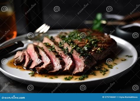 Juicy And Tender Grilled Tomahawk Steak With Herbs And Spices On Black Stone Plate Royalty Free