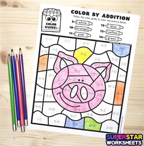 Addition Color By Number Superstar Worksheets