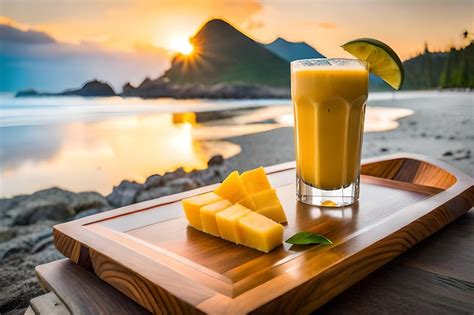 Premium AI Image A Glass Of Mango Smoothie Sits On A Tray With A