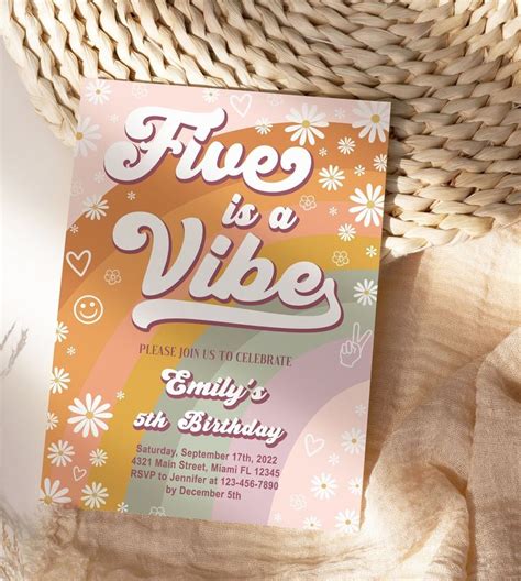 Editable Groovy Birthday Invitation Five Is A Vibe Retro Party Girl