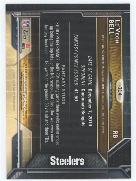 2015 Topps Fantasy Studs 314 Le Veon Bell Pittsburgh Steelers Football