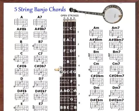 Banjo Chord Wall Chart Poster Fretboard Standard C Tuning String