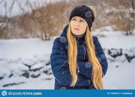 The Woman Was Very Froze In Winter Under Snowfall Winter Problems