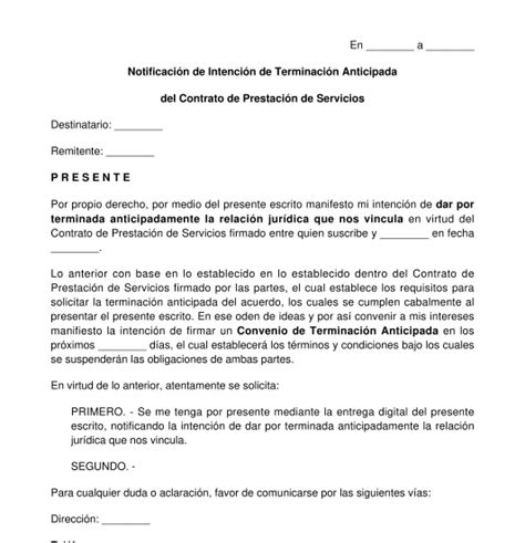 Notificación de Intención de Terminación Anticipada de Contrato