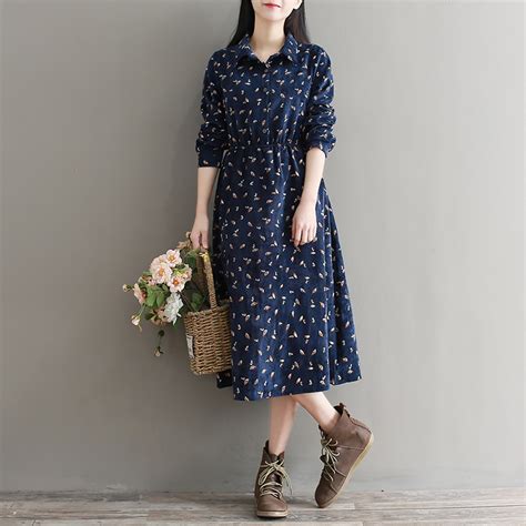 Lady Navy Blue Autumn Winter Vintage Dress Women Long Sleeved Floral