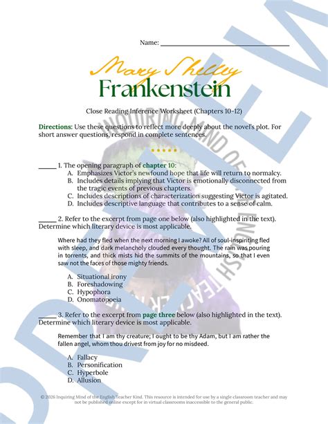 Frankenstein by Mary Shelley Quizzes, Analysis Worksheets, Vocabulary