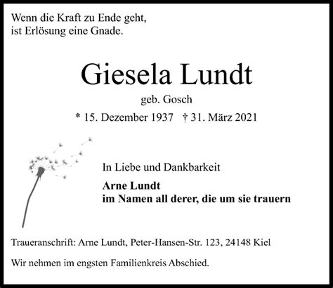 Traueranzeigen Von Giesela Lundt Trauer Anzeigen De