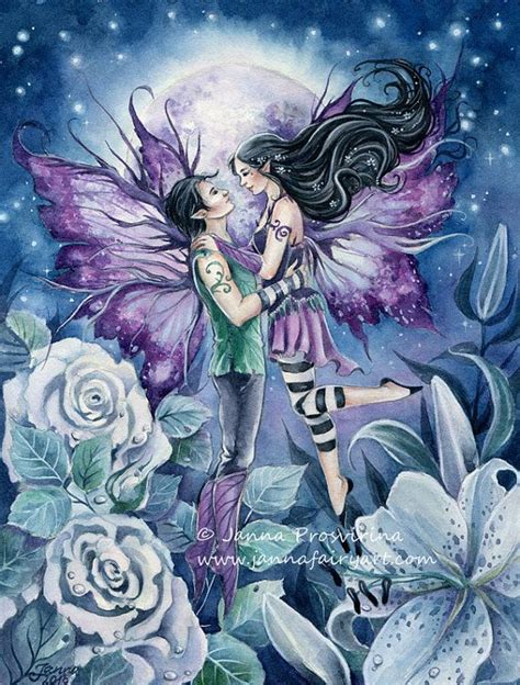 Fairy Art Print Blue Moon Couple Lovers Dancing Fairies Honey Moon