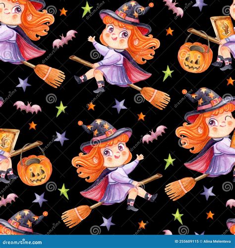 Watercolor Halloween Seamless Pattern With Witch On A Broomstick Stock