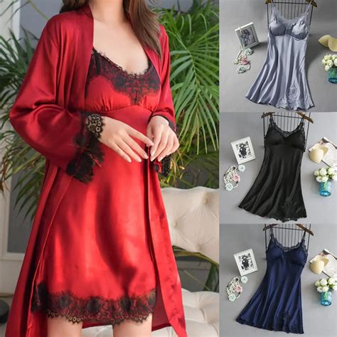 Pcs Sexy Lingerie Women Long Sleeve Robes Summer Silk Lace Robe Dress