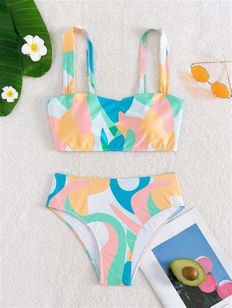 SHEIN Swim Conjunto De Bikini Con Estampado Abstracto Camiseta Sin Mangas Con Tirantes Anchos Y