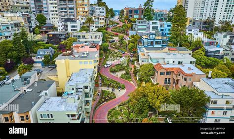 Gorgeous Wider Aerial Of Iconic Lombard Street With Buildings On Either