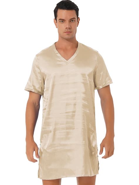 Inhzoy Mens Satin Pajamas Short Sleeve Silk Nightshirt V Neck Nightwear