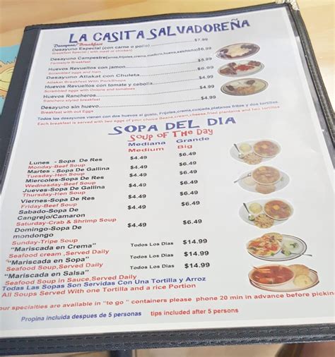 Menu at La Casita Salvadoreña restaurant Oakland Park