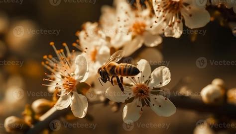 The bee pollinates the flower, collecting pollen for honey production
