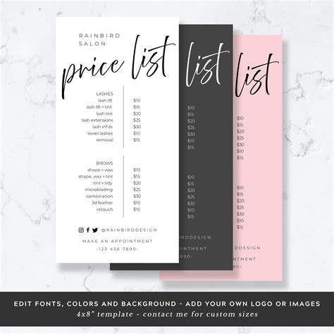 Beauty Salon Price List Template Printable Hair Stylist Price Etsy Uk