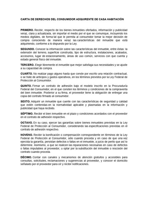 Carta De Derechos Del Consumidor Adquirente De Casa Habitación Pdf