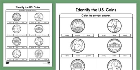 Kindergarten Identify The Us Coins Activity Sheet Worksheets Library