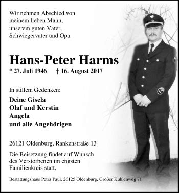 Traueranzeigen Von Hans Peter Harms Nordwest Trauer De