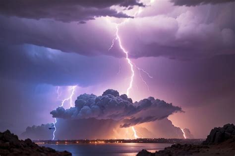 Premium Photo | A lightning storm over the ocean with a cloud in the sky