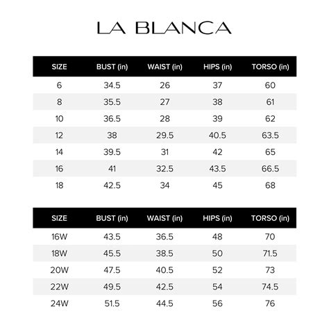 LA BLANCA SIZE CHART – DTC Outlet