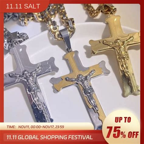 Luxury Jesus Crucifixion Cross Necklace For Men Women Gold Silver Black