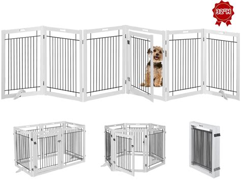 LitaiL Freestanding Dog Gate with Door, 144" Extra Wide 32"H Wooden Pet Gate with 2PCS Support ...