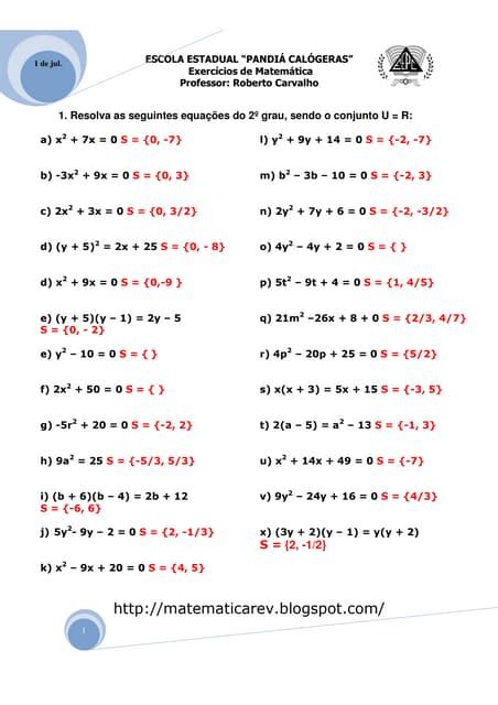 Microsoft Word Exercicio Matemática Com Gabarito Equações Do 2º Grau Pdf