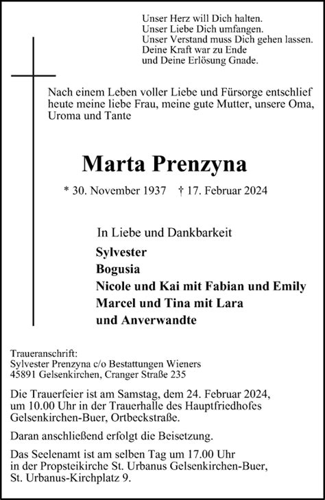 Traueranzeigen Von Marta Prenzyna Trauer In NRW De