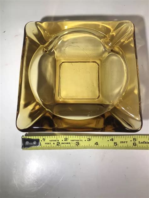 Vintage Heavy Amber Glass Cigar Ashtray Mid Century Thick Square