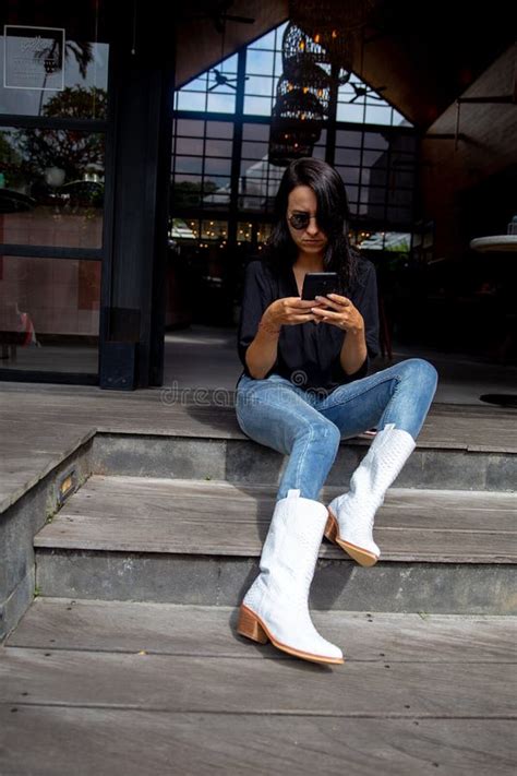 Image Of Beautiful Stylish Woman Sitting On Street Stairs With Legs