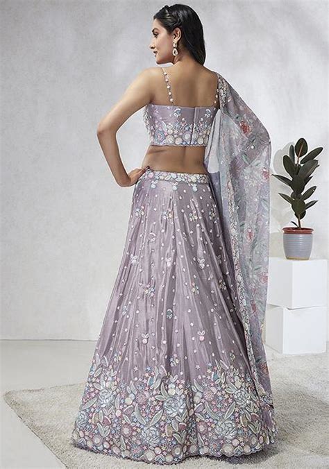 Buy Women Mauve Embroidered Pure Georgette Lehenga Set XLH00059