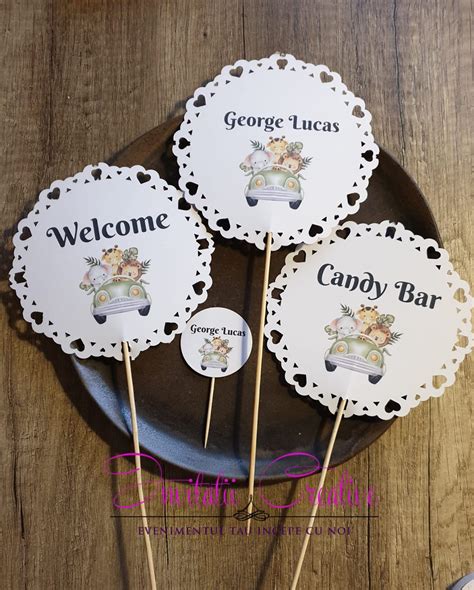 Topper Mesaj Model Decupat Inimioare cu Animalute Safari