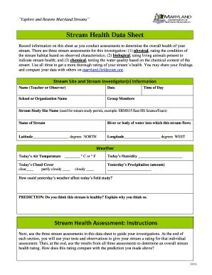 Fillable Online Stream Health Data Sheet Maryland Department Of