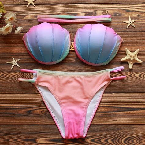 Colorful Shell Push Up Padded Top Regular Bottom Bandeau Bikini Cn