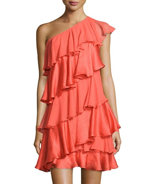 Halston Heritage One Shoulder Tiered Silk Dress In Orange Lyst