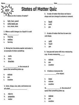 States of Matter Winter Unit Experiments & Quiz Science 2nd Grade