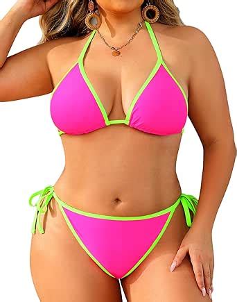 Amazon Tempt Me Women Pink Neon Green String Plus Size Bikini Sets