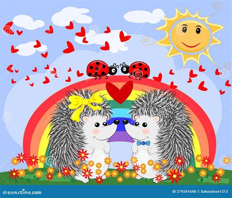 Two Lovers Cute Cartoon Hedgehogs A Boy And A Girl Near A Seven