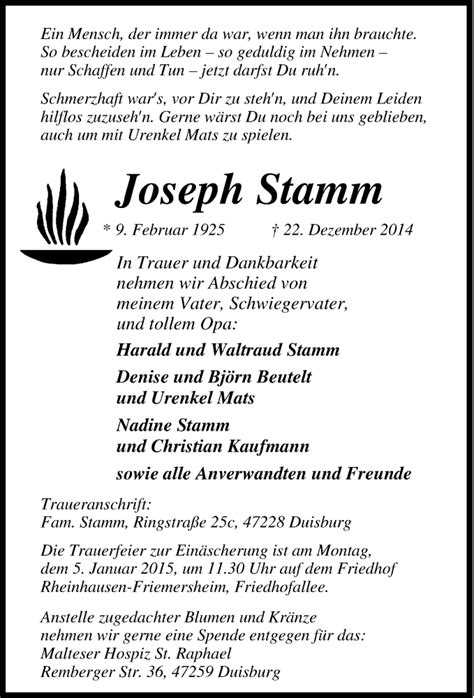 Traueranzeigen Von Joseph Stamm Trauer In NRW De