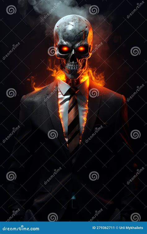 Flaming Dapper Skeleton In A Blazer With Fiery Background Stock