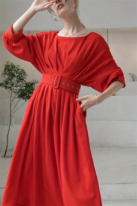 Solid Versatile Dress Elegant Crew Neck Lantern Sleeve Midi Temu New