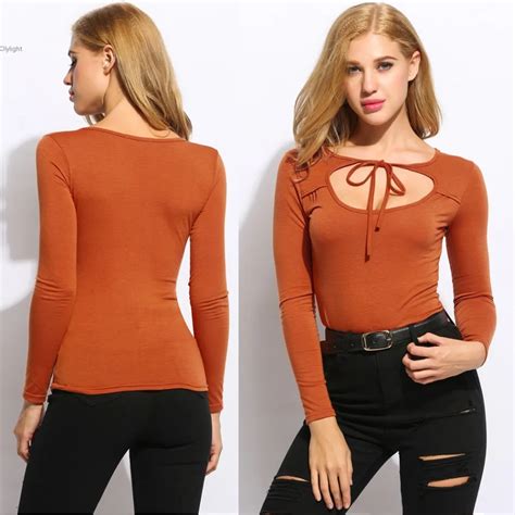 Women Autumn Sexy Shirts O Neck Cut Out Long Sleeve Blusas Casual Slim