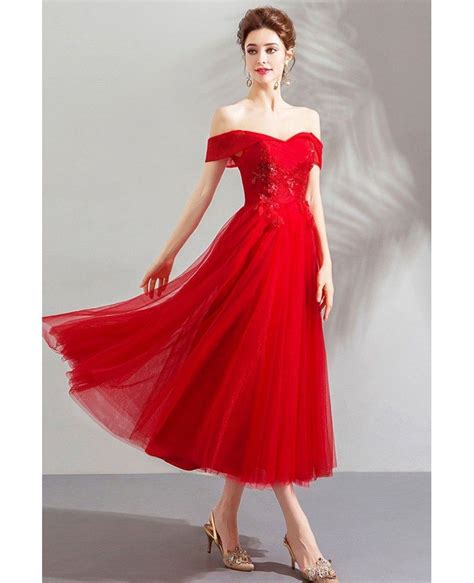 Gorgeous Red Off Shoulder Tulle Tea Length Party Dress Formal Wholesale