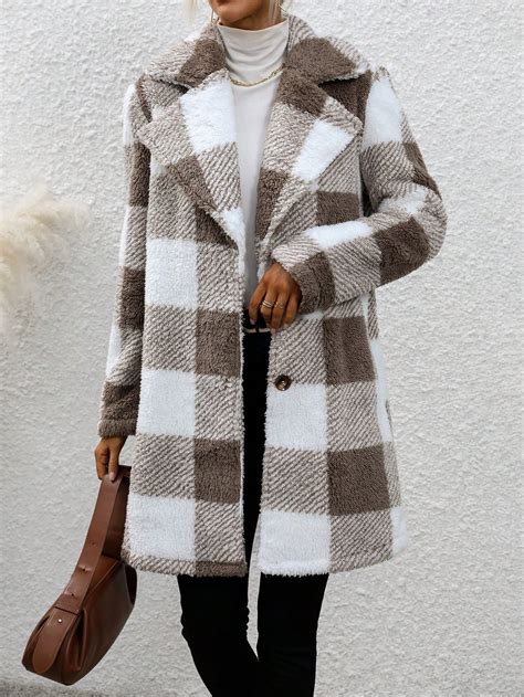 SHEIN Frenchy Buffalo Plaid Pattern Lapel Neck Teddy Coat SHEIN USA