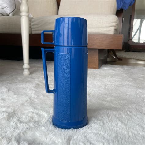 Vintage Thermos with mug lid Tall 22oz Blue Thermos... - Depop