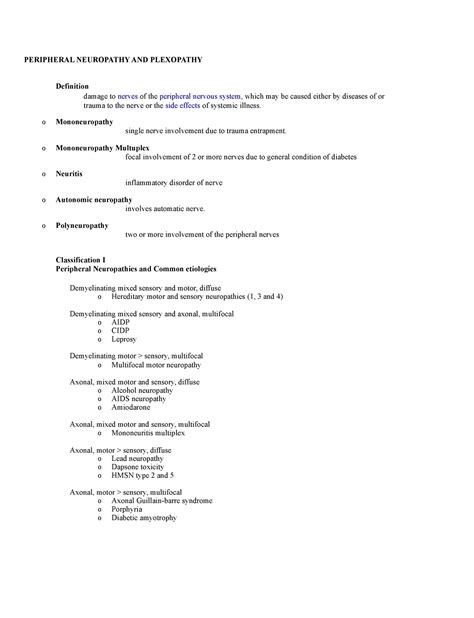 Peripheral Neuropathy and Plexopathy - PERIPHERAL NEUROPATHY AND ...