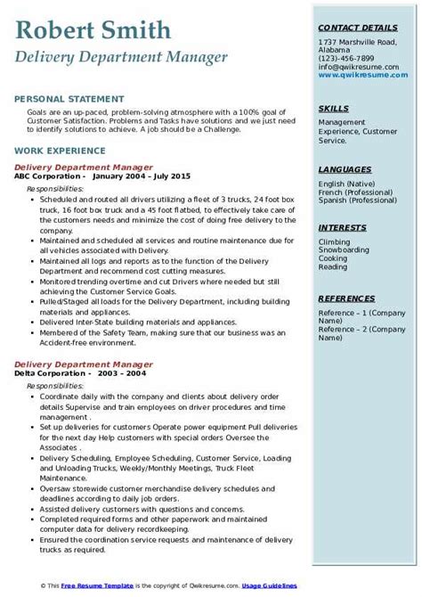 Delivery Department Manager Resume Samples Qwikresume